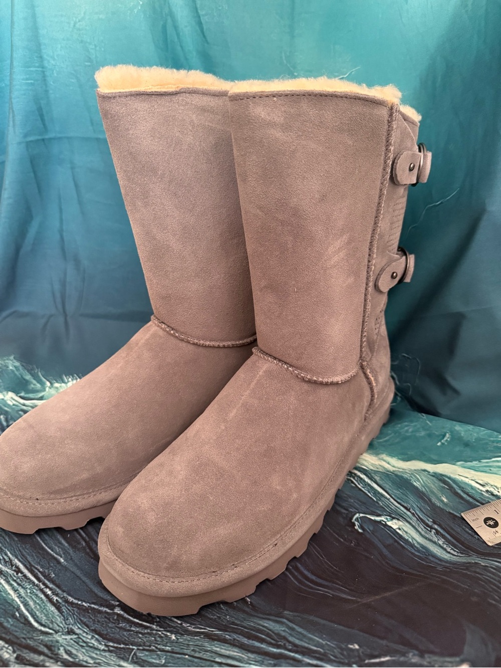 BearPaw Clara Gray Suede Shearling Boots with Back Buckles